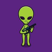 cute alien holding gun cartoon vector icon illustration