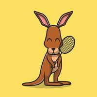 cute kangaroo holding badminton racket cartoon vector icon illustration