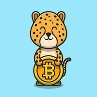 Cute cheetah holding bitcoin cartoon vector icon illustration