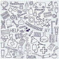 conjunto de iconos de atención médica y medicina. ilustraciones de garabatos vectoriales. vector