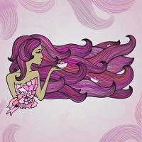 Hand-drawn woman with long pink hair like sea waves vector