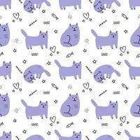 Seamless pattern with cute cat. Kitten and fish. Wallpaper for children room in doodle style. Background for sewing clothes and printing on wrapping paper. vector