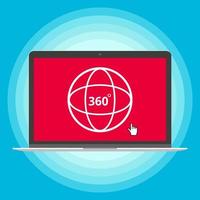 Laptop with 360 degrees angle icon sign on the screen and cursor hand pointer flat design style vector illustration isolated on white background. Symbol of 360 degrees VR videos, photo and games.