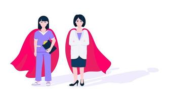 Two doctors with hero cape behind hospital medical employee fight against diseases and viruses on frontline flat style design vector illustration.