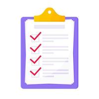 Clipboard with complete checklist flat style design icon sign vector illustration isolated on white background. Complete to do tasks application form or survey document business concept.