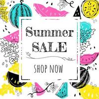 Summer sale offer banner postcard lettering text with hand drawn watermelons and colored shapes vector illustration. Summer sale flyer or banner or leaflet concept template.