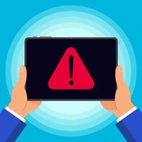 Hands holding black tablet with warning notice symbol icon sign on the screen isolated on background. Pad in human hand vector illustration flat design style. Attention, please.