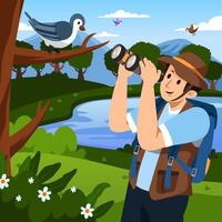 Bird Watcher Using Binocular to Observe Birds vector
