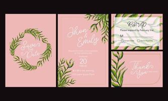 elegante tarjeta de invitación de boda de acuarela con hojas verdes vector