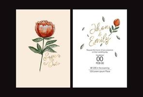 Wedding invite, invitation, save the date card with vector floral bouquet frame design peony