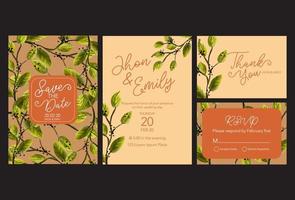 elegante tarjeta de invitación de boda de acuarela con hojas verdes vector