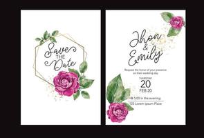 plantillas de tarjetas de invitación de boda con hermosa flor rosa roja acuarela vector