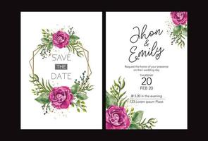 plantillas de tarjetas de invitación de boda con hermosa flor rosa roja acuarela vector