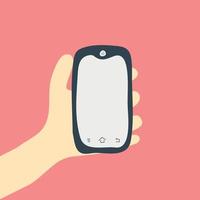 hand drawn close up hand holding smart phone pink background vector