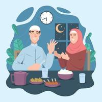 marido y mujer haciendo iftar en casa juntos vector