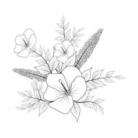 Tropical flowers bouquet. Floral composition. Black lines on white background. Vector illustration.