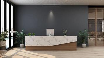 3D Rendering Futuristic Reception Room or Front Desk Mockup photo