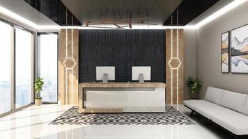 3d render luxury office reception or front desk interior design for logo mockup photo