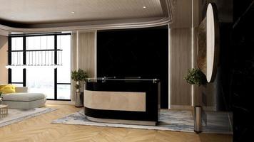 3D Rendering Futuristic Reception Room or Front Desk Mockup photo