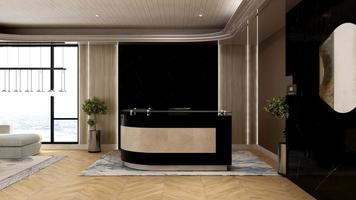 3D Rendering Futuristic Reception Room or Front Desk Mockup photo