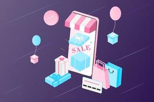 3D realistic online shopping on landing web page or mobile application concept of vector digital marketing template. Isometric digital store promotion, payment, delivery, big sale, ads, discount.