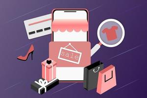 3D realistic online shopping on landing web page or mobile application concept of vector digital marketing template. Isometric digital store promotion, payment, delivery, big sale, ads, discount.