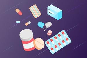 Medical drugs, pill, medical pills, bottle pills, capsule and medicine. Flat vector illustration design concept of healthcare and medicine. Medical support, medication shopping, pharmacy, drug store.