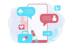 Ilustración plana de salud en línea. Consulta médica y tratamiento en línea a través de una aplicación de teléfono inteligente o una clínica de internet conectada a una computadora. Pregunte en línea a la tecnología de consulta médica en vector móvil.