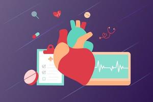 Modern heart medication, heart disease research concept. Cardiologist studying big heart model, drugs and heartbeat diagram. Vector illustration cardiovascular system, cholesterol, medical examination