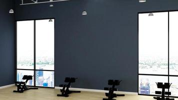 Maqueta de pared de diseño de interiores de gimnasio moderno de render 3d foto