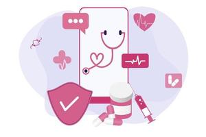 Ilustración plana de salud en línea. Consulta médica y tratamiento en línea a través de una aplicación de teléfono inteligente o una clínica de internet conectada a una computadora. Pregunte en línea a la tecnología de consulta médica en vector móvil.