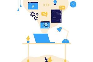 Landing page of software development coding process concept. Designer, programming, testing cross platform code, app. Create, editing script website and mobile devices. Technology software of business vector