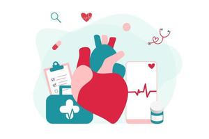 Modern heart medication, heart disease research concept. Cardiologist studying big heart model, drugs and heartbeat diagram. Vector illustration cardiovascular system, cholesterol, medical examination