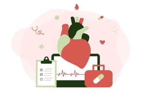 Modern heart medication, heart disease research concept. Cardiologist studying big heart model, drugs and heartbeat diagram. Vector illustration cardiovascular system, cholesterol, medical examination