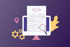 página de inicio del concepto de proceso de codificación de desarrollo de software. diseñador, programación, pruebas de código multiplataforma, aplicación. crear, editar sitio web de script y dispositivos móviles. software de tecnología de negocios vector