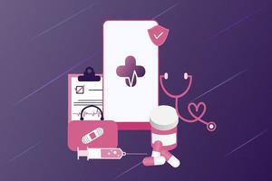 Ilustración plana de salud en línea. Consulta médica y tratamiento en línea a través de una aplicación de teléfono inteligente o una clínica de internet conectada a una computadora. Pregunte en línea a la tecnología de consulta médica en vector móvil.