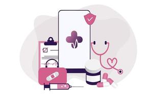 Ilustración plana de salud en línea. Consulta médica y tratamiento en línea a través de una aplicación de teléfono inteligente o una clínica de internet conectada a una computadora. Pregunte en línea a la tecnología de consulta médica en vector móvil.