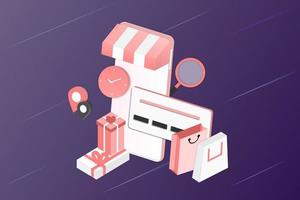 Compras en línea realistas en 3d en la página web de destino o concepto de aplicación móvil de plantilla de marketing digital vectorial. promoción de tienda digital isométrica, pago, entrega, gran venta, anuncios, descuento. vector