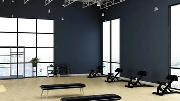 Maqueta de pared de diseño de interiores de gimnasio moderno de render 3d foto