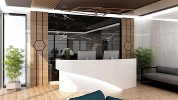 3D Rendering Futuristic Reception Room or Front Desk Mockup photo