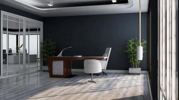 Habitación minimalista de oficina 3d con interior de diseño de madera. foto