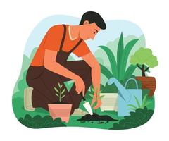 hombre plantando un árbol en el jardín. vector