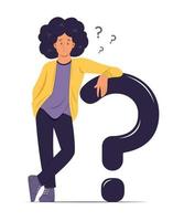 Man Leaning Against a Question Mark and Thinking. vector