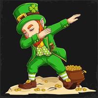 St Patrick's day leprechaun character doing dabbing dance with coins and pot of gold on his side vector