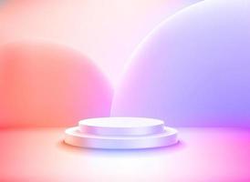 Bright studio with white circle podium and neon glow effect. Vector 3d illustration