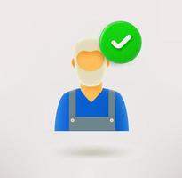 Old worker icon with checkmark. 3d vector icon