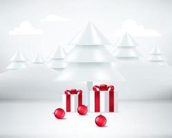 Christmas showcase with gift boxes and red baubles. 3d style vector illustration