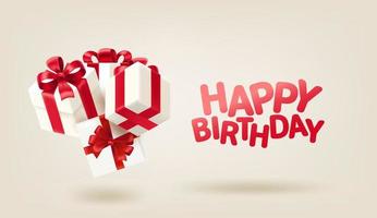 White gift boxes on red background. Happy birthday card. 3d vector banner