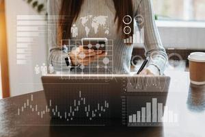 Coding software developer work with augmented reality dashboard computer icons photo
