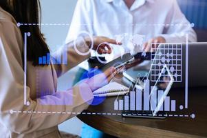 Data Management System with Business Analytics concept. business team hands working with provide information for Key Performance Indicators and marketing analysis onn photo